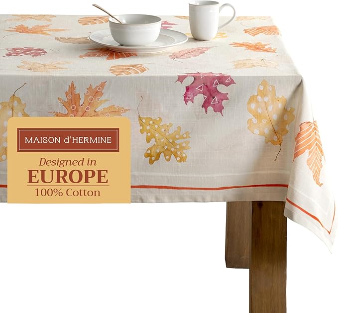 Maison d' Hermine Table Cloth Rectangle Table 100% Cotton 60 x 90 Inches Fall Tablecloth Reusable Everyday Use for Thanksgiving Christmas Decorations Dining Farmhouse Party (Colours of Autumn)