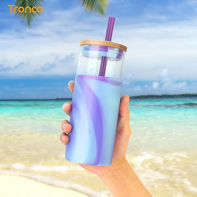 Tronco 20 oz Glass Tumbler with Lid and Straw, Iced Coffee Cup and Smoothie Cup with Bamboo Lids & Protective Silicone Sleeve, Dishwasher Safe, BPA-Free, Glass Cup 1 Pack