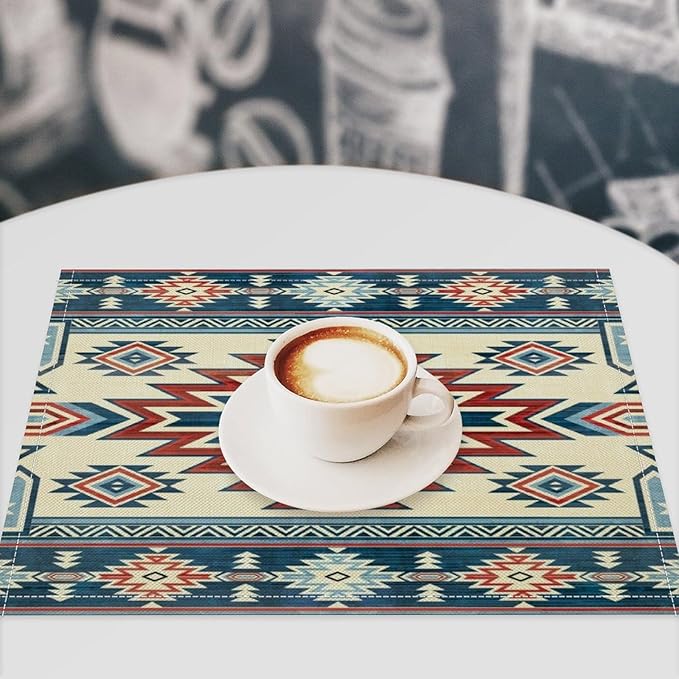 Ethnic Aztec Placemat Set, Vintage Bohemian Rustic Farmhouse Blue Red Mystic Native Tribal Geometric Totem Pattern Home Decor Linen Table Mats for Dining Room Kitchen Party (17x12in) x6P
