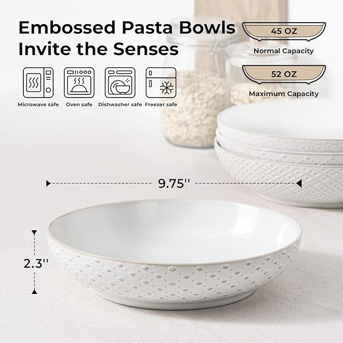 Y YHY Large Pasta Bowls, 45 oz Embossed Salad Bowls for Serving Soup, Noodle, Dessert, Dinner, Kitchen Deep Plates, 9.75" Porcelain Shallow Bowls, Soft White Dishes for House-warming Wedding Present