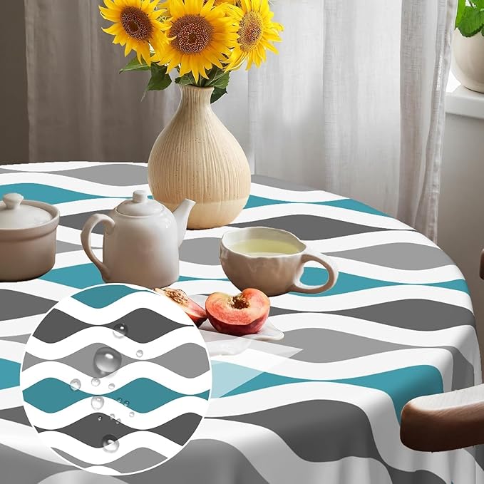 Laeacco 60 Inch Geometric Round Tablecloth Blue and Grey Waved Stripes Modern Abstract Art Print Table Cloth Washable Waterproof Wrinkle Free Table Cover for Kitchen Dining Picnic Party Decoration