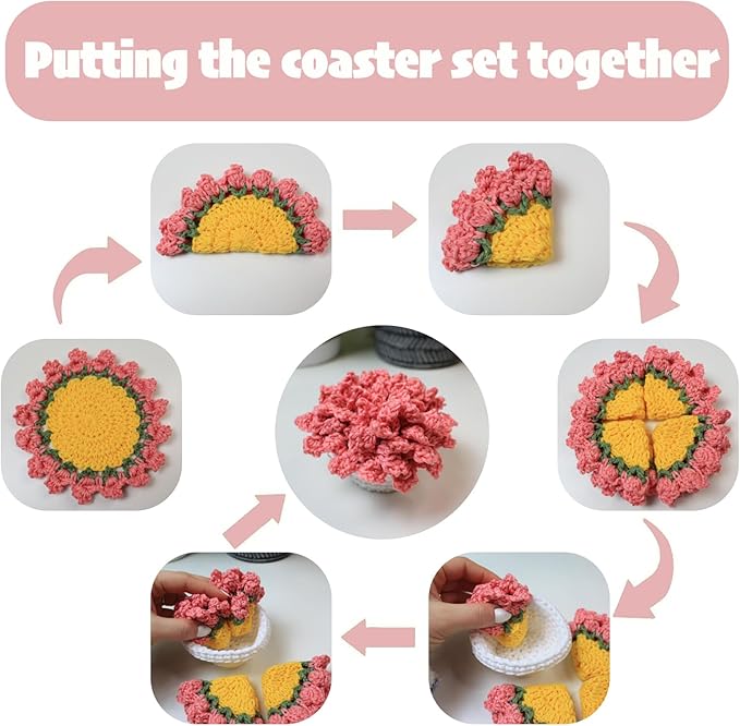 Cute Coasters Set of 4,Funny Pink Flower Coasters,Crochet Plant Pot Coaster Set for Drinks with Flowerpot Holder,Fun Soft Decorative Coasters Housewarming for New Home Bar Desk