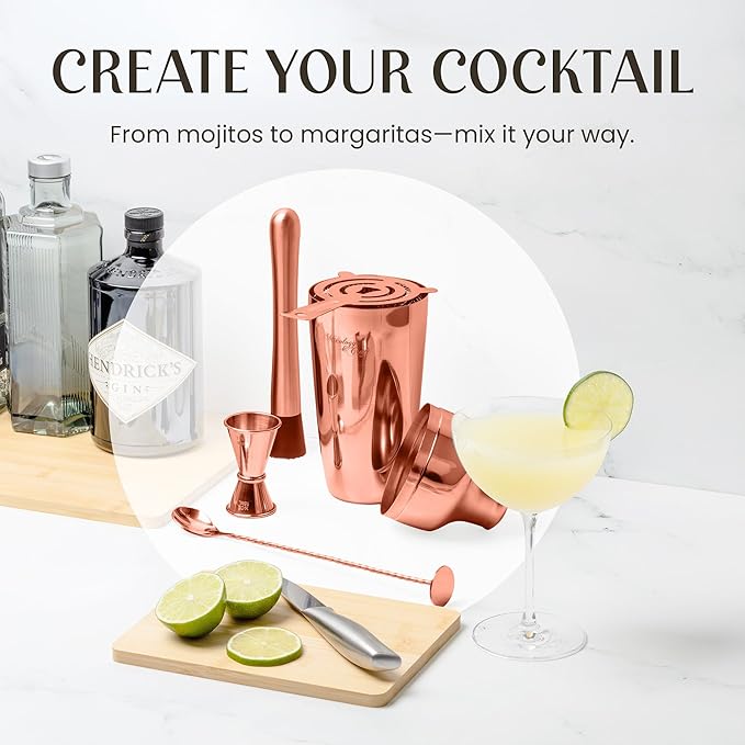 Mixology & Craft Cocktail Shaker Set with Bamboo Stand - Professional 10-Piece Bartender Kit - Complete Bar Set & Cocktail Mixer Kit for Home (Copper)