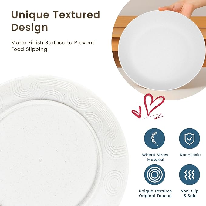 Homienly Wheat Straw Plates, Flat Dinner Plates, Unbreakable Plate for Kitchen, Camping, Outdoor, Microwave and Dishwasher Safe Plates Set, 9 inch, Set of 8 - White