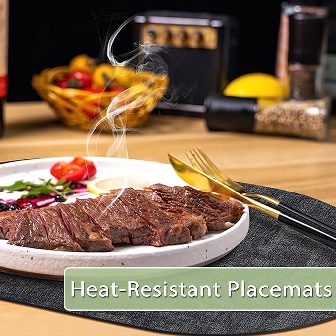 Placemats Set of 8 Non-Slip, Heat Resistant Oval Leather Place mats Double Layer, Waterproof Table Mats Easy to Clean for Kitchen Dining Room Coffee Office Table, Charcoal