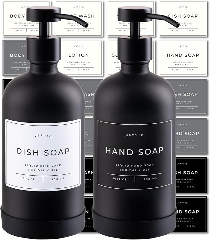 Hand and Dish Soap Dispenser for Kitchen and Bathroom, Set of 2 16 Oz Glass Bottles, Stainless Steel Pumps, Non-Slip Silicone Base, 27 Waterproof Labels (Matte Black Bottle/Black Pump)