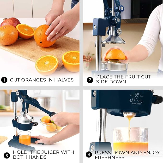 Zulay Kitchen Cast Iron Juicer - Easy-to-Clean Heavy-Duty Manual Juicer, Professional Citrus Juicer - Stainless Steel Lemon Squeezer - Manual Citrus Press & Orange Squeezer - Orange Juicer – Navy