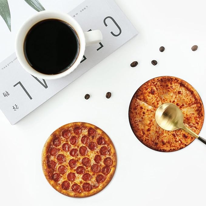 Pizza Coasters for Drinks with Holder Round Leather Coasters Set of 6 Cups Mugs Mat Pad for Home Kitchen Bar