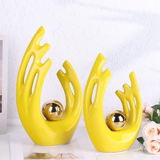 12"H Yellow Gold Aesthetic Room Decor Accent, TV Stand Funky Table Centerpiece, Abstract Art Ceramic Statue and Sculpture, Yellow Decor for Living Room, Bookshelf Decorative Objects, Shelf Decor