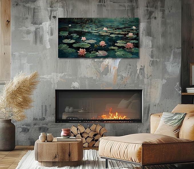 ADJUVANT Wall Art Impressionist Water Lily Pond 40" L x 20" W, Pink Lotus Flowers on Dark Blue Water Canvas Painting Nature Artwork Prints Wall Decor for Living Room Bedroom Bathroom Home Office