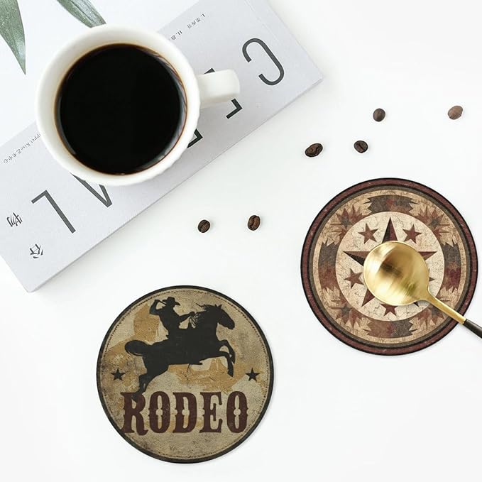 Western Cowboy Coasters for Drinks with Holder Round Leather Coasters Set of 6 Cups Mugs Mat Pad for Home Kitchen Bar