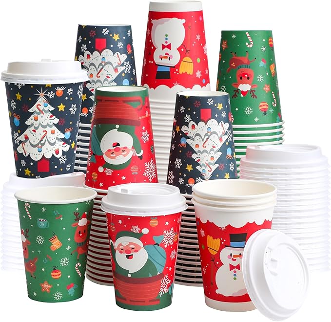 100 Pack 12 oz Paper Cups with Lids, Disposable Coffee Cups for Christmas, To Go Cups for Hot and Cold Drinks, Beverage
