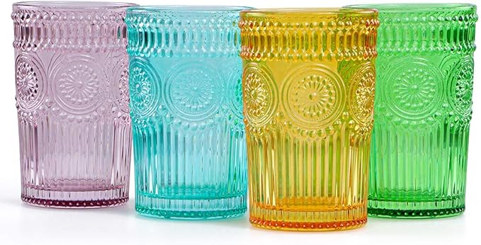 MDLUU Colored Glassware, Multicolor Drinking Glasses, Embossed Water Glasses, Colored Tumblers Glass, Capacity 12oz/345ml, Set of 4