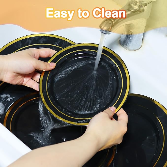 60 PCS Black and Gold Plastic Plates, Disposable Party Black Plates Include 30 10 inch Dinner Plate and 30 7 inch Dessert Plate Perfect for Holiday, Birthday, Wedding & Party