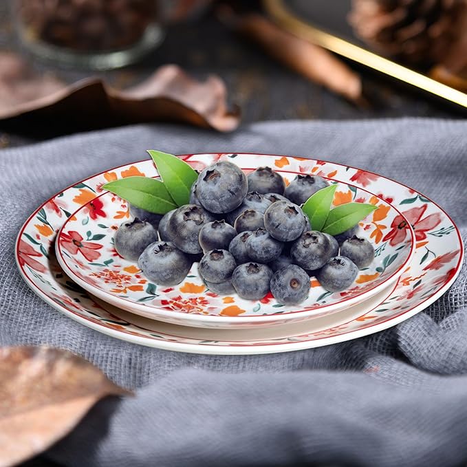 Porcelain Floral Plates 8 Inches &10 Inches 4 Pieces Total,Ceramic Dessert Plate,Appetizer Salad Plate Set, Dinnerware Dinner Plates for Kitchen,Cake Snacks