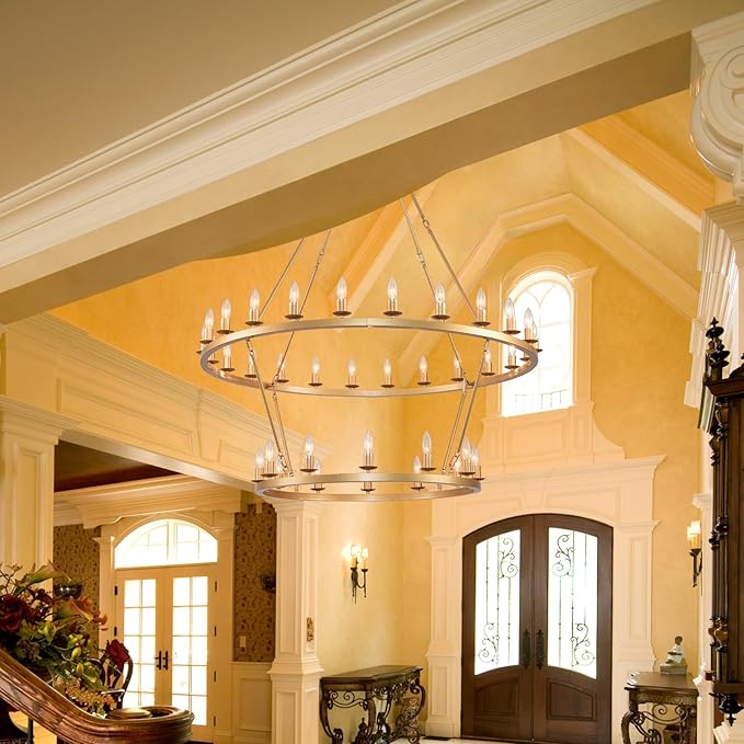 48 Inch 2 Tier Gold Extra Large Wagon Wheel Chandelier 36-Lights Farmhouse Industrial Round High Ceiling Pendant Light Adjustable Chain, for Dining Room, Living Room