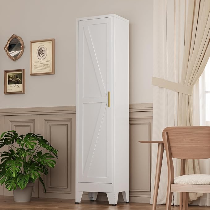 Narrow Metal Cabinet with 4 Adjustable Shelves and Barn Doors,Tall Bathroom Storage Cabinet, Metal Pantry Organizer for Kitchen,Home Office, Dining Room,White