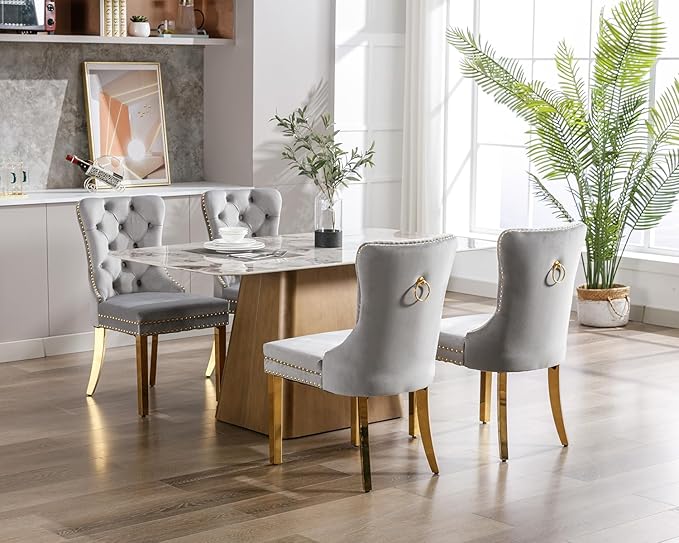 KCC Velvet Dining Chairs Set of 2, Upholstered High-end Tufted Dining Chair with Nailhead Back Ring Pull Trim Stainless Steel Legs, Contemporary Nikki Collection Modern Style for Kitchen, Light Gray