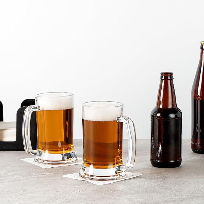 Restaurantware-Vetri 16 Ounce Beer Mugs, 6 Dishwashable Beer Glasses With Handle - No-Lead, Heavy Base, Clear Glass Large Stiens, For Pubs, Bars, Restaurants, Home, Hotel, Or Hosting Parties