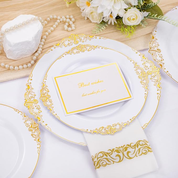 Hioasis 210pcs White and Gold Plates - White Party Plates for 30 Guest, Include 60 Heavy-duty Plates(20% Thicker Than Standard), 30 Pre Rolled Gold Plastic Silverware Set, 30 Cups