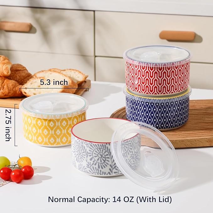 Selamica Ceramic Bowls with Lids,14 OZ Small Serving Bowls with Lids for Lunch Picnic Microwave Safe, 5 Inch Kitchen Food Storage Bowls Set of 4 for Prep, Salad, Pasta, Cereal, Assorted Colors