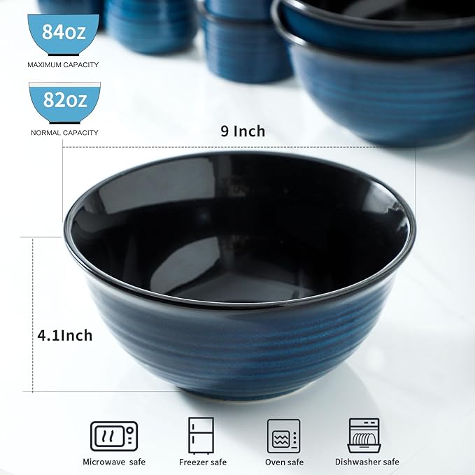 MEKY Serving Bowls, 9 Inch Large Ceramic Salad Bowls for Kitchen, 84 Ounce Mixing Bowl Set of 2, Perfect for Cooking Baking Soup Pasta Fruit and Popcorn, Microwave and Dishwasher Safe, Blue