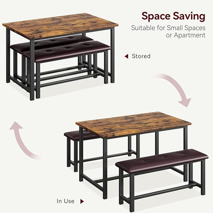 Garvee Dining Table with 2 Benches, Kitchen Table with 2 Upholstered Benches, 3 Piece Dining Table Set Space Saving for Apartment, Kitchen, 44.48" l x 27.58" w x 29.58" h, Rustic Brown