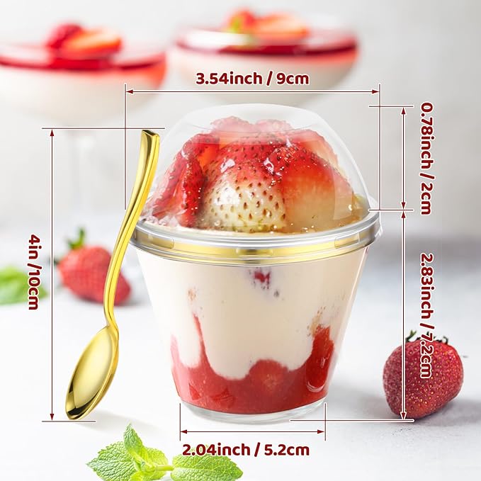 Jinei 50 Sets 9 oz Plastic Dessert Cups with Dome Lids Spoons Gold Rimmed Clear Disposable Plastic Fruit Cups with Lids for Yogurt Parfait Pudding Cupcake Ice Cream Party Wedding Reception