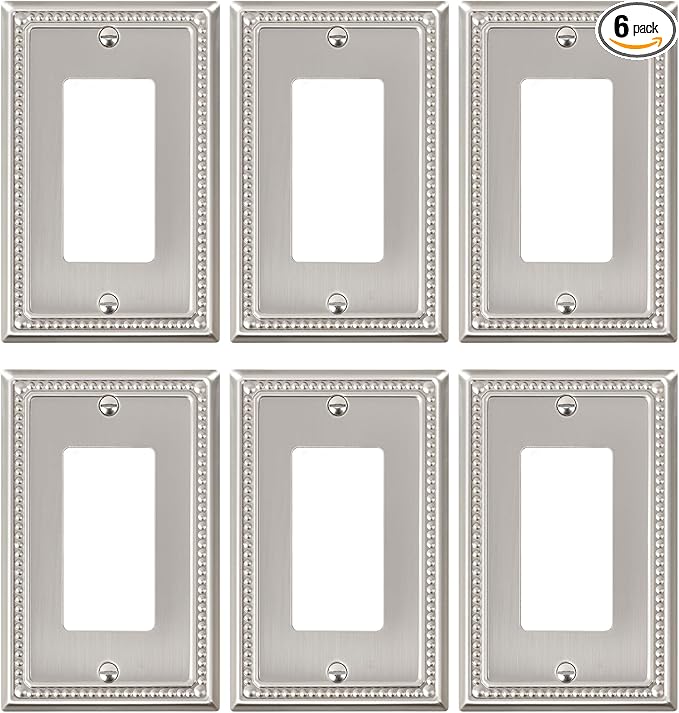 6-Pack Decorator Outlet Cover Plate, Decorative Switch Plates and Outlet Covers, Brushed Nickel Metal Wall Plates for Electrical Outlets, Receptacle, GFCI Outlet, Dimmer Switch