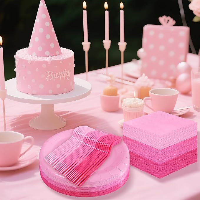 Serves 35 Guests Gradient Pink Plates and Napkins Party Supplies,7" Gradient Pink Birthday Dessert Paper Plates and Napkins,Disposable Party Dinnerware for Wedding,Graduation