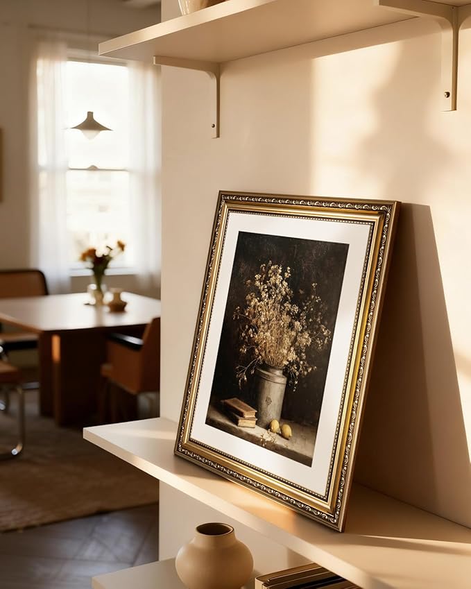 InSimSea Gold Picture Framed Wall Art, Living Room Vintage Dried Flowers Vase Wall Decor, Dark Moody Still Life Canvas Print Art, Home Farmhouse Decor, Antique Paintings with Frame 13x16inch