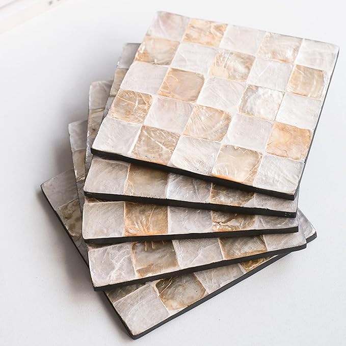 6 Pack Mother of Pearl Squre Coasters with Holder, Seashell Inlay Square Cup Holders with Organizer, Decorative Coasters Capiz Shell Trivet for Coffee Table, 4.8", I-lan