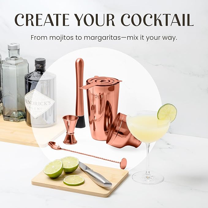 Mixology & Craft Cocktail Shaker Set with Dark Bamboo Stand - Professional 10-Piece Bartender Kit - Complete Bar Set & Cocktail Mixer Kit for Home (Copper)