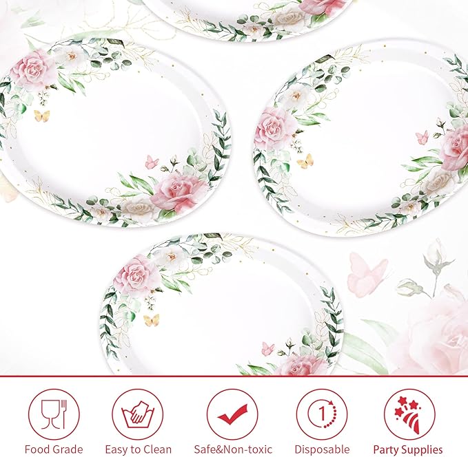 50Pcs Spring Floral Oval Paper Plates 10"x12" Large Disposable Watercolor Eucalyptus Leaf Dinner Platters Heavy Duty Sage Greenery Pink Flower Plates for Summer Baby Shower Bridal Shower Wedding Decor
