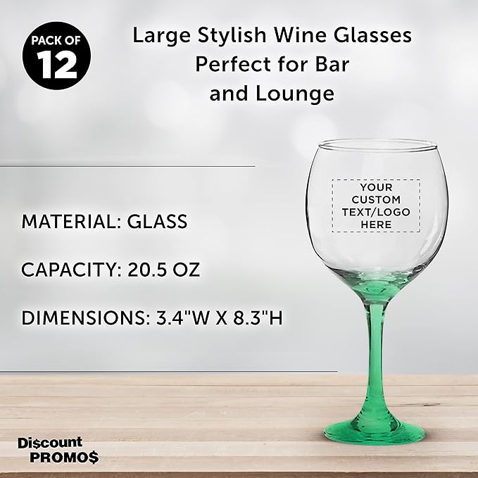 Custom Premiere Wedding Wine Glasses 20.5 oz Set of 12, Personalized Bulk Pack - Restaurant Glassware, Perfect for Red Wine or White Wine - Green
