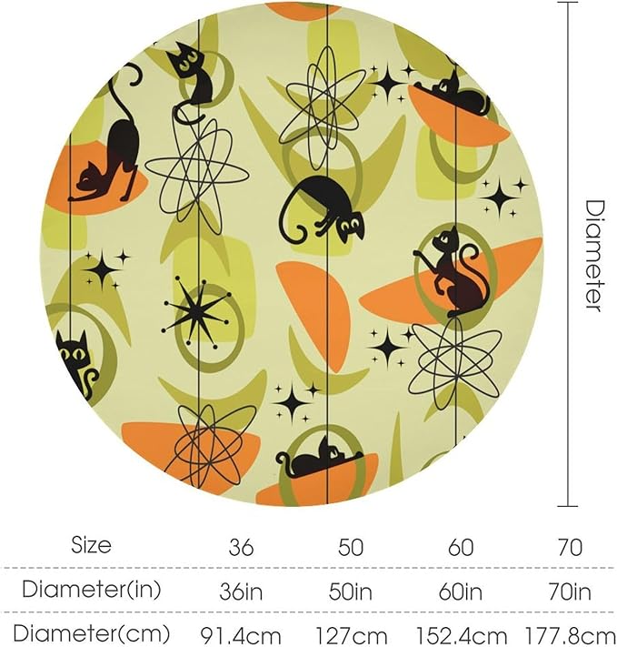 Mid Century Black Cat Round Tablecloth, Vintage Modern Bohemian Abstract Geometric Retro Art Tablecloth for Home Party Dining Room Kitchen Decor 36Inch(90cm)