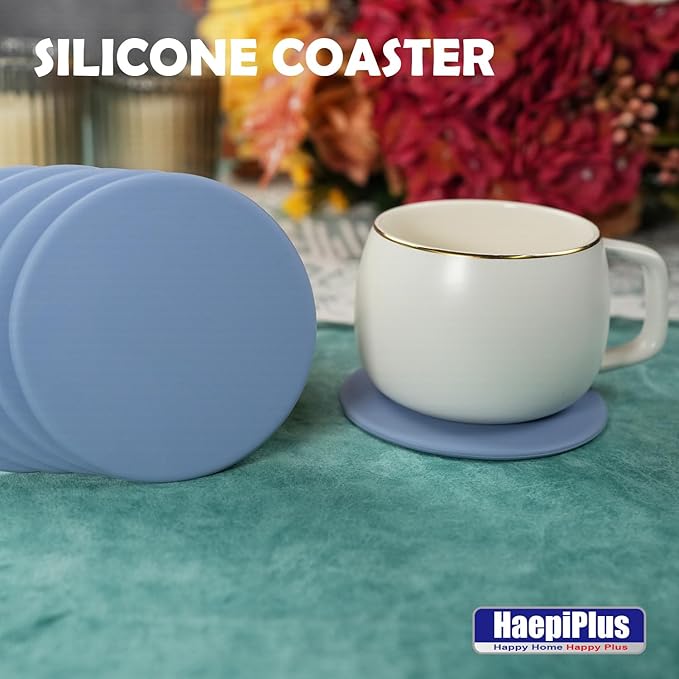 6 Pieces Silicone Coasters, Round Shape Hot Cup Mat for Drinks, Heat Resistant Glass Cushion, Coffee Coaster for Table, Desk, Kitchen, Office, Bar Protection (Blue)