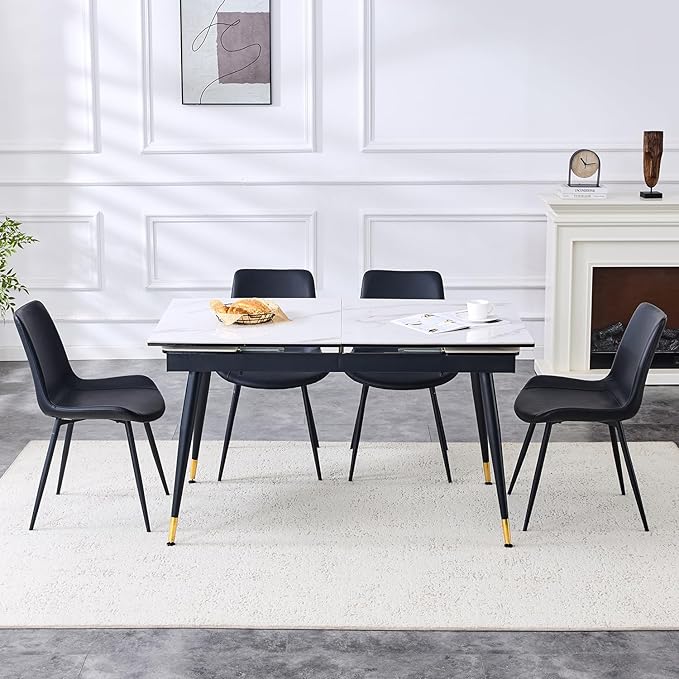 Extendable Dining Table Set for 4, 55'' to 78.8'' Rectangular Thickened Sintered Stone Kitchen Table with 4 Upholstered Chairs, Modern Space Saving 5-Piece Dinner Table Set