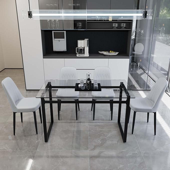 Modern Glass Dining Table Set for 4, Rectangular Kitchen Table Set, 5 Piece Dining Table Set with 1 Tempered Glass Table and 4 PU Dining Chairs for Dining Room, Kitchen,Office