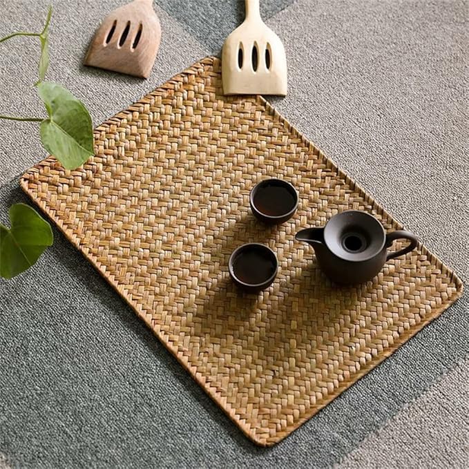 Natural Woven Rattan Rectangular Placemats for Dining Table (Set of 6, 18x12inches)