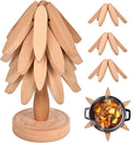 Wooden Trivets for Hot Dishes，Trivets for Hot Pots and Pans，Hot Pads for Table，Tree Coasters Set of 4(4 Trivits+1 Stand)