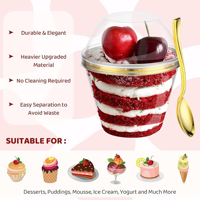 Jinei 50 Sets 9 oz Plastic Dessert Cups with Dome Lids Spoons Gold Rimmed Clear Disposable Plastic Fruit Cups with Lids for Yogurt Parfait Pudding Cupcake Ice Cream Party Wedding Reception