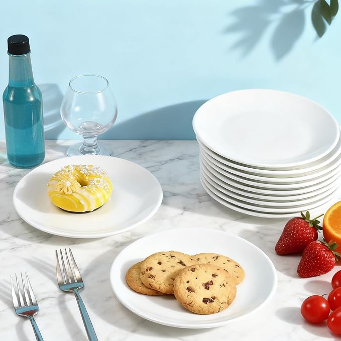 7 inch Appetizer Plates Set of 12, Small Dessert Plates, Mini Porcelain Serving Plate, Round Small Plate for Cake Snacks, Pasta, Portion Control, Microwave Dishwasher & Oven Safe(White)