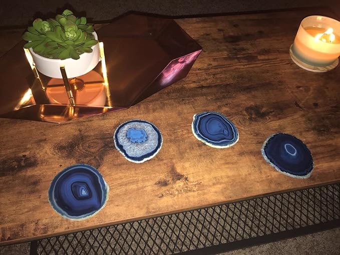 AMOYSTONE Blue Agate Coasters Set of 4, 3.5-4 Inch Polished Gemstone Coasters with Rubber Bumpers, Elegant Wedding Gift for Couples, Home Bar Decor