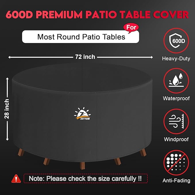 Zettum Round Patio Table Cover 72 Inch - 600D Outdoor Furniture Cover Round Waterproof & Heavy Duty, Lawn Furniture Set Covers for Outside Dining Table and Chairs Seating Combo - 72 x 72 x 28 Inch