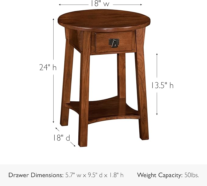 Leick Home Mission End Table, Solid Wood, 18 in. Round, 1 Storage Drawer, Bottom Shelf, Easy-Assembly, For Living Room/Bedroom, Russet, 18.0 in. Diameter x 24.0 in. H, 9056-RS