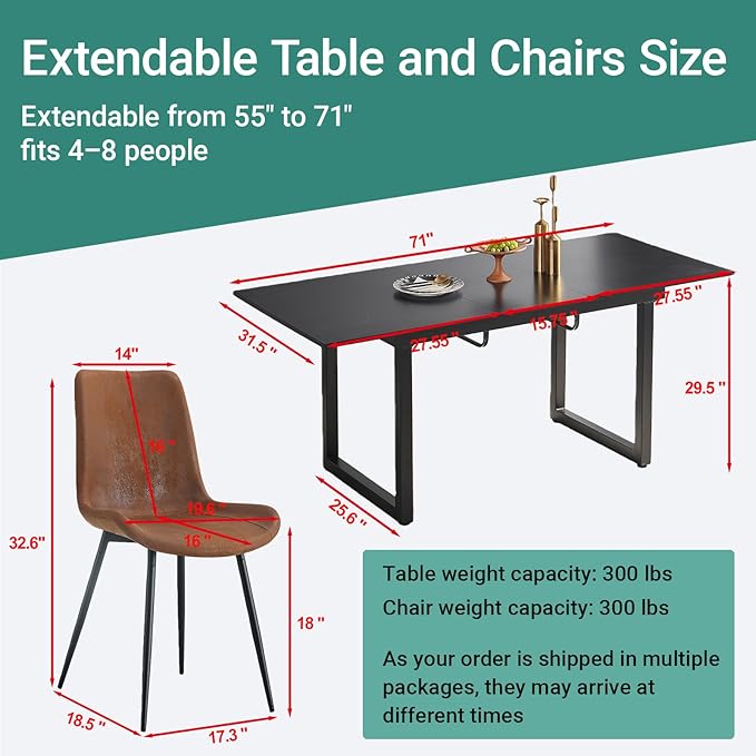 Extendable Dining Table Set for 4, 55"–71" Modern Black Kitchen Table with 4 Upholstered Chairs, Space-Saving for Living Room Apartment, Sturdy & Comfortable, Easy Assembly
