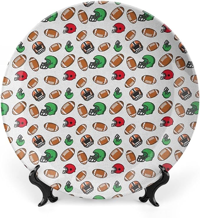 Decorative Plates, American Football Print Ornament, Cartoon Style Rugby Icons Balls American, 7 Inch, 1 Plate with 1 Display Stand, Multicolor