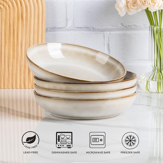 AmorArc 8.5'' Large Pasta Bowls, 36oz Ceramic Salad Serving Bowls Set of 6 for Kitchen, Wide Stoneware Bowls for Pasta,Salad,Fruit,Bread, Microwave Safe, Cappuccino