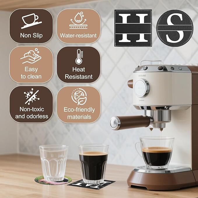 Personalized Coasters, Custom Set of 6 Leather Coaster for Drinks with Holder, DIY Customized Name, Logo, Text，Non-Slip, Heat Resistant, Waterproof for Coffee Table Bar Wine Cup Housewarming
